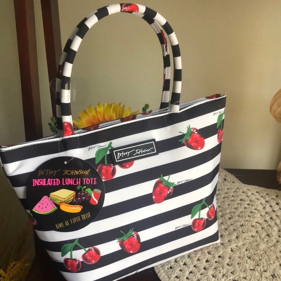 Betsey Johnson Black White Striped Insulated Lunch Tote Cherries / Strawberries - Picture 1 of 11